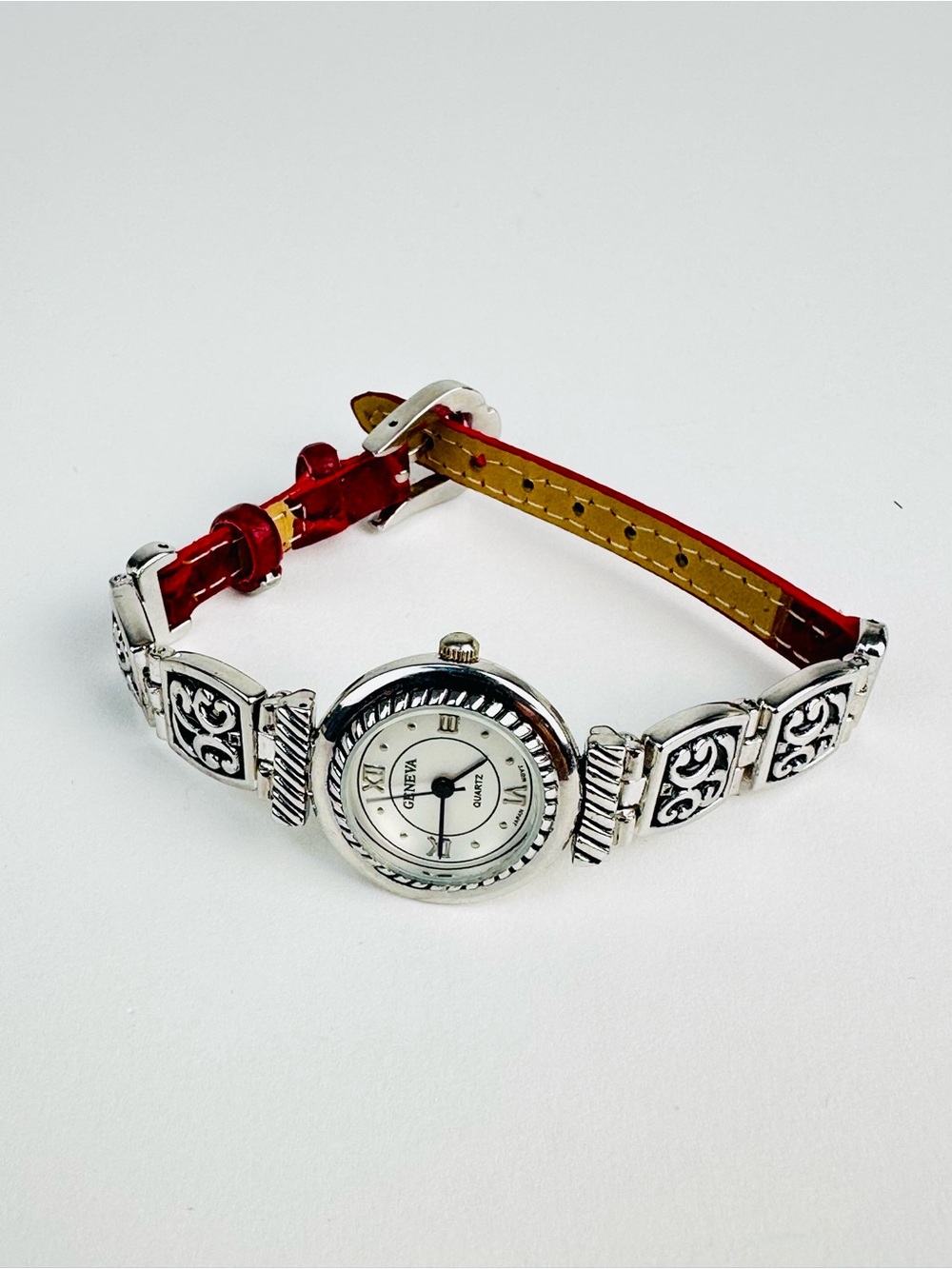 Geneva Small Size Silver Filigree Watch with Leather-Style Buckle Strap